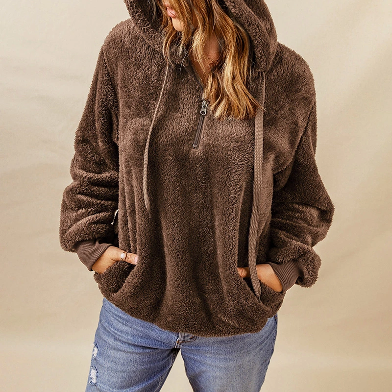 Women Velvet Hoodues Warm Plush Pocket Street Hooded Loose Coat Women&prime;s Clothing Hoodies Sweatshirts