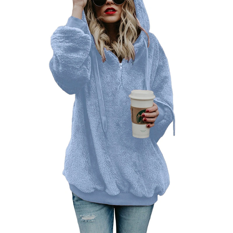 Women Velvet Hoodues Warm Plush Pocket Street Hooded Loose Coat Women&prime;s Clothing Hoodies Sweatshirts