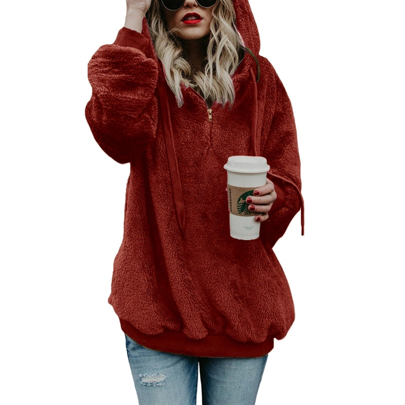 Women Velvet Hoodues Warm Plush Pocket Street Hooded Loose Coat Women&prime;s Clothing Hoodies Sweatshirts