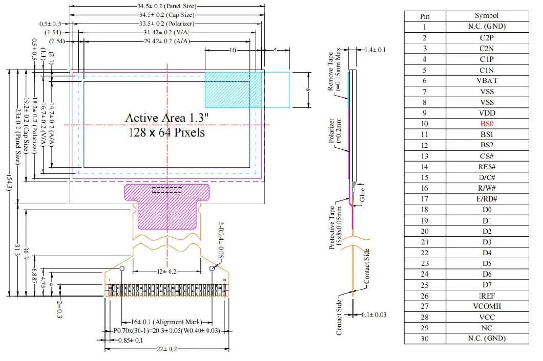 Factory Direct Sale of Customizable-FPC (31.1mm) 1.3-Inch OLED Display with 128X64 Resolution