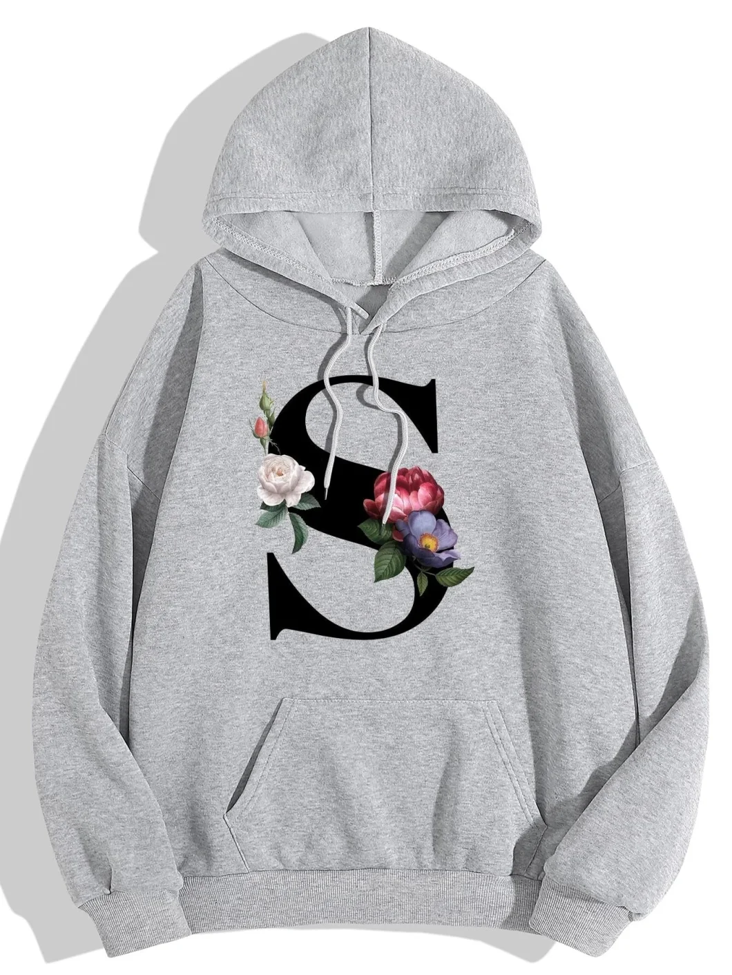 2022 New Design Letter &amp; Floral Print Kangaroo Pocket Drawstring Thermal Hoodie Women Hoodies with Drawstring Hood