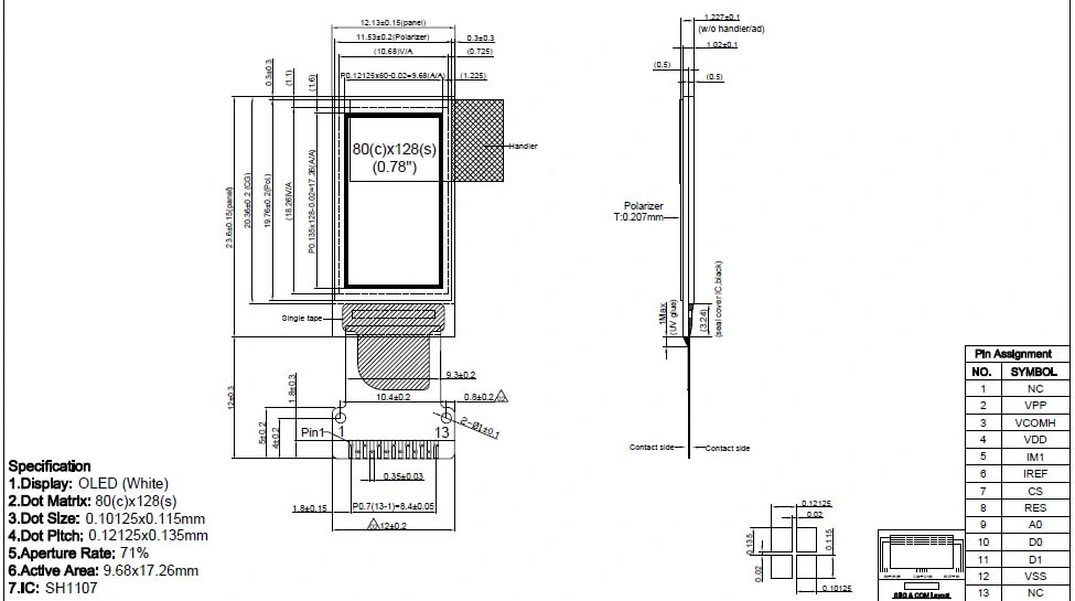 0.78 Inch OLED Screen with Resolution 80X128 / Spi Interface