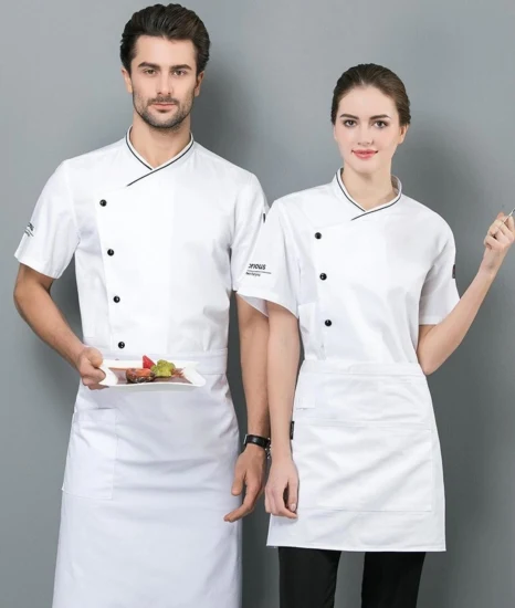 2023 New High Quality Clashing Buttons Hotel Kitchen Workwear with Pockets Short Sleeved Chef Uniform for Men and Women